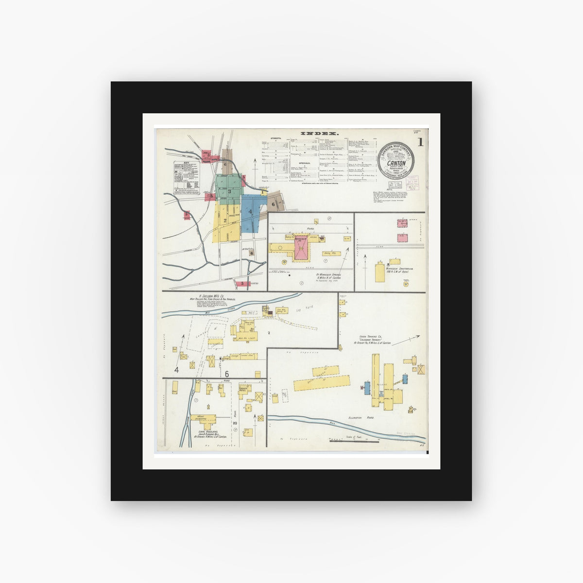 Old map wall art mockup — black gallery frame with white mat — Sanborn Fire Insurance Map from Canton, Bradford County, Pennsylvania (1903), Sheet #0001