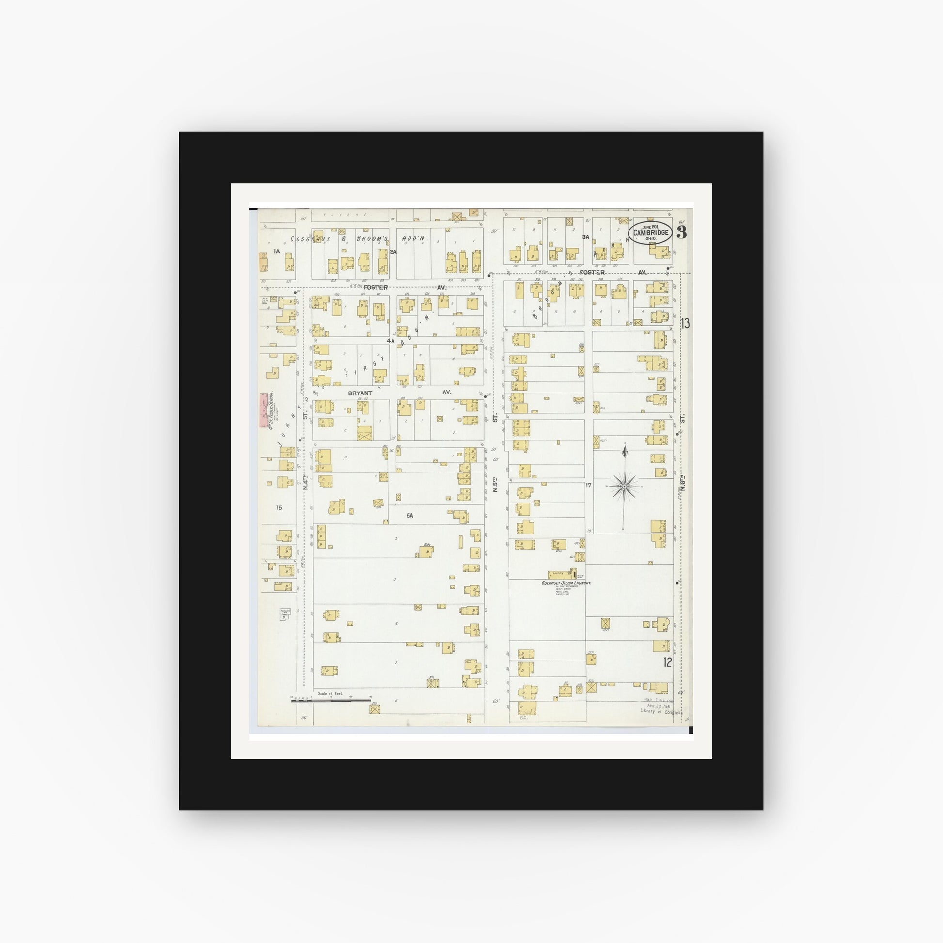 Old map wall art mockup — black gallery frame with white mat — Sanborn Fire Insurance Map from Cambridge, Guernsey County, Ohio (1901), Sheet #0003