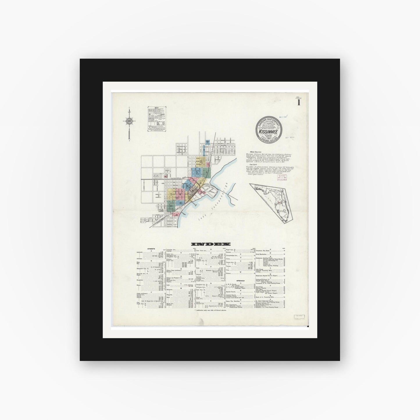 Old map wall art mockup — black gallery frame with white mat — Sanborn Fire Insurance Map from Kissimmee, Osceola County, Florida (1914) - Complete Map Set