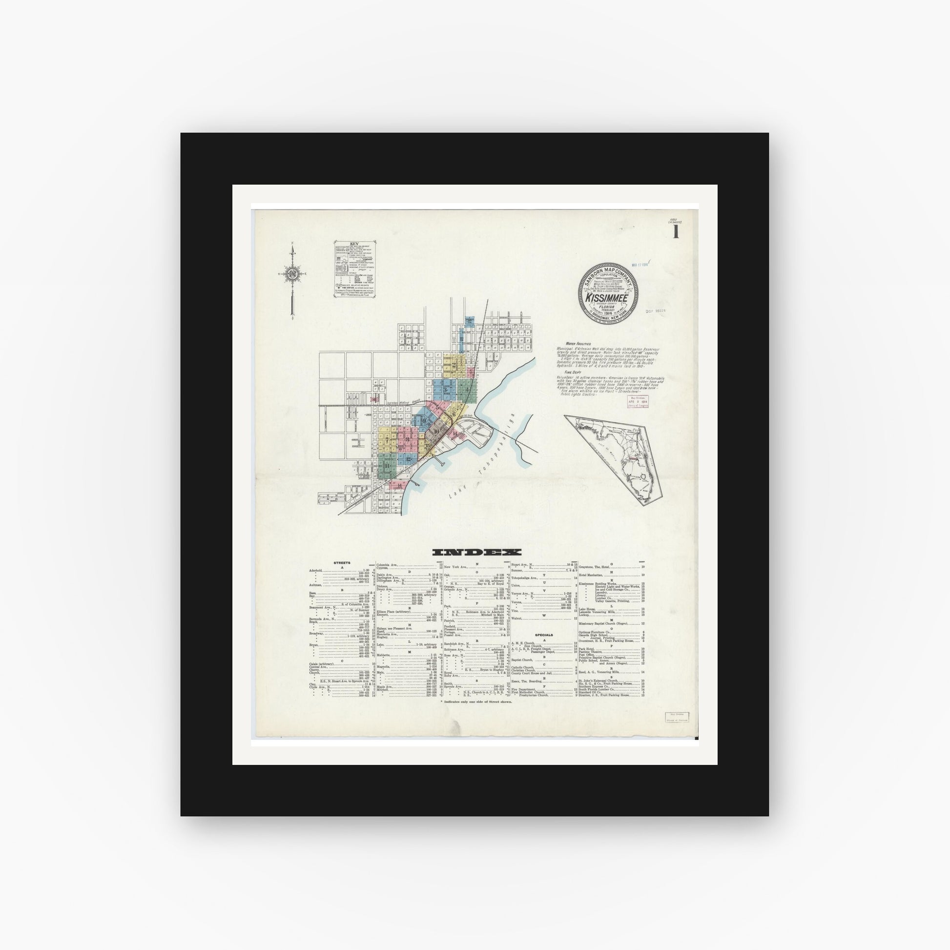Old map wall art mockup — black gallery frame with white mat — Sanborn Fire Insurance Map from Kissimmee, Osceola County, Florida (1914) - Complete Map Set