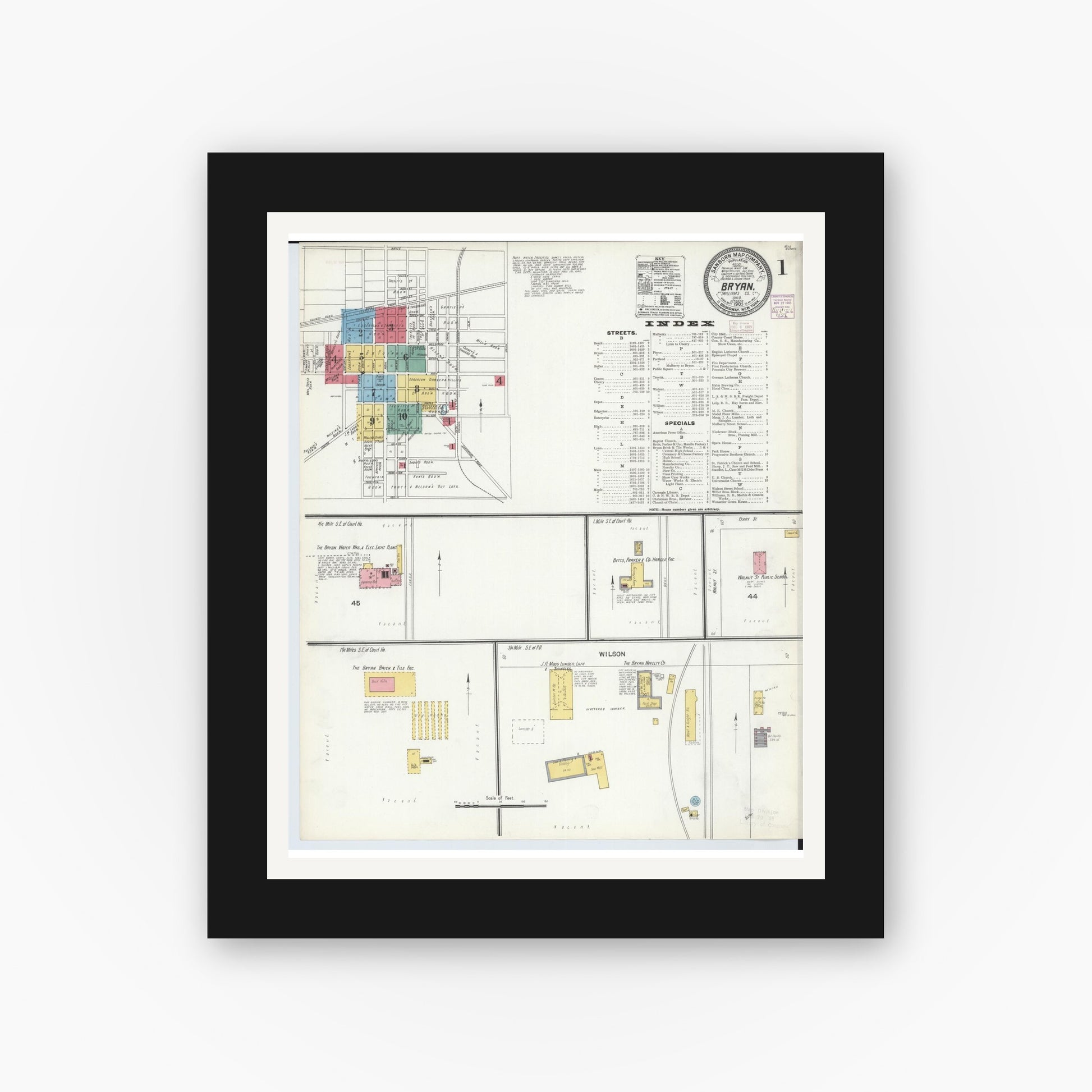 Old map wall art mockup — black gallery frame with white mat — Sanborn Fire Insurance Map from Bryan, Williams County, Ohio (1905) - Complete Map Set