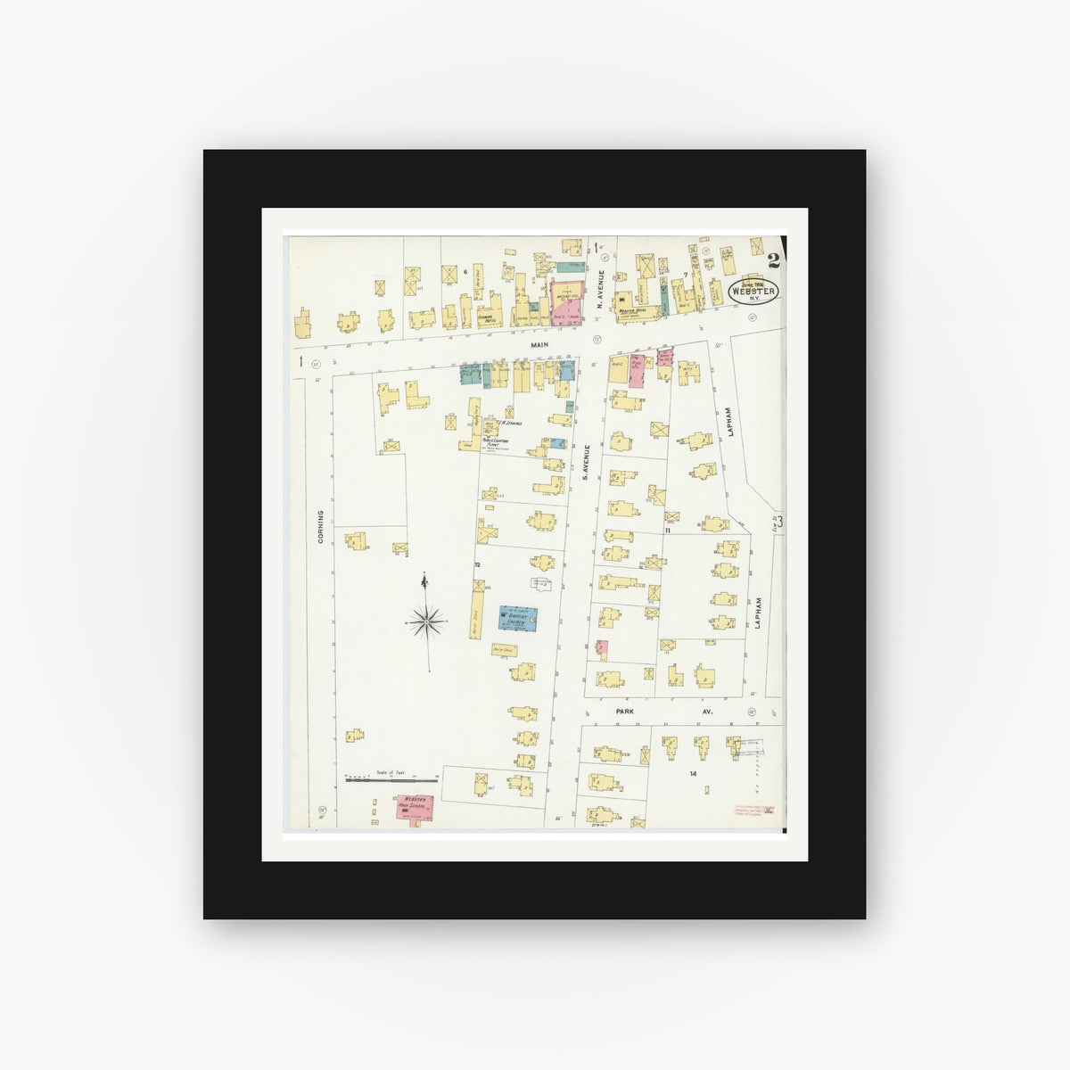 Old map wall art mockup — black gallery frame with white mat — Sanborn Fire Insurance Map from Webster, Monroe County, New York (1906), Sheet #0002