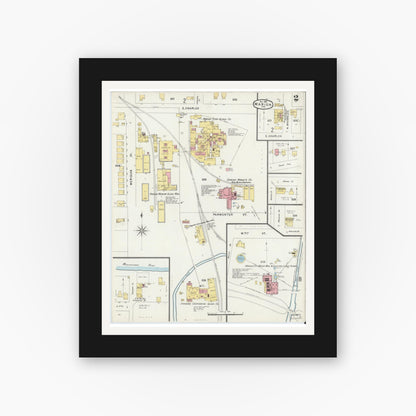Old map wall art mockup — black gallery frame with white mat — Sanborn Fire Insurance Map from Marion, Grant County, Indiana (1896), Sheet #0002
