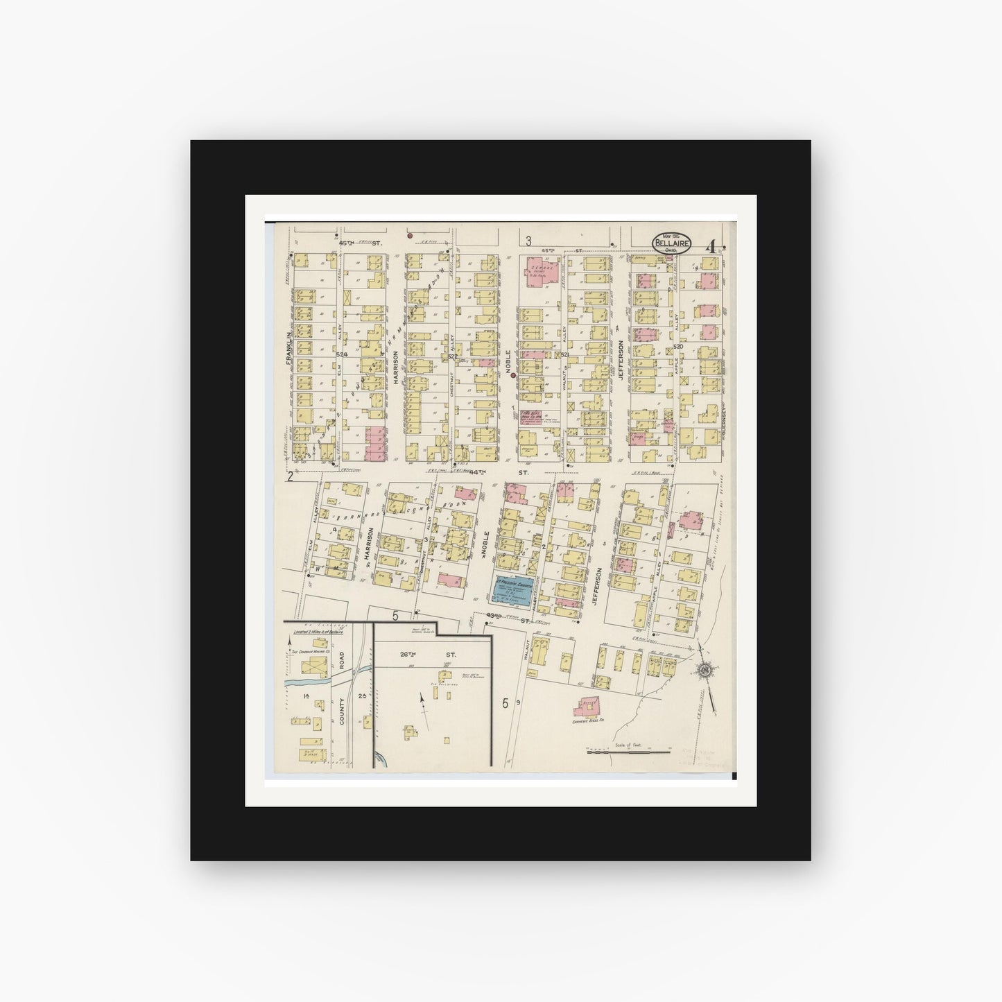 Old map wall art mockup — black gallery frame with white mat — Sanborn Fire Insurance Map from Bellaire, Belmont County, Ohio (1915), Sheet #0004