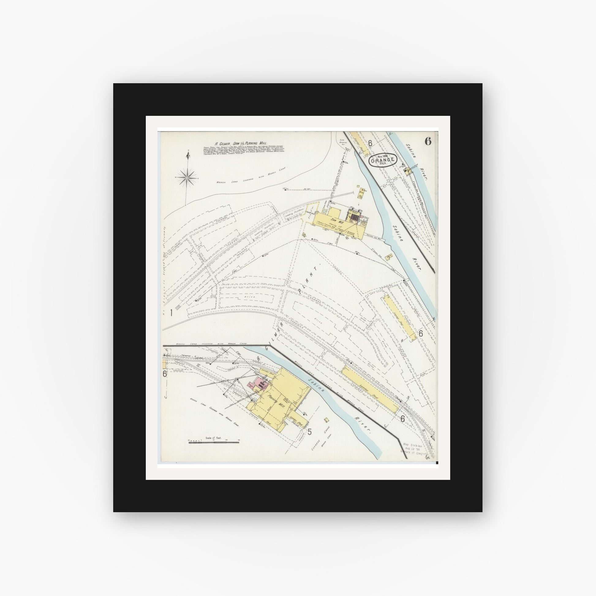 Old map wall art mockup — black gallery frame with white mat — Sanborn Fire Insurance Map from Orange, Orange County, Texas (1896), Sheet #0006