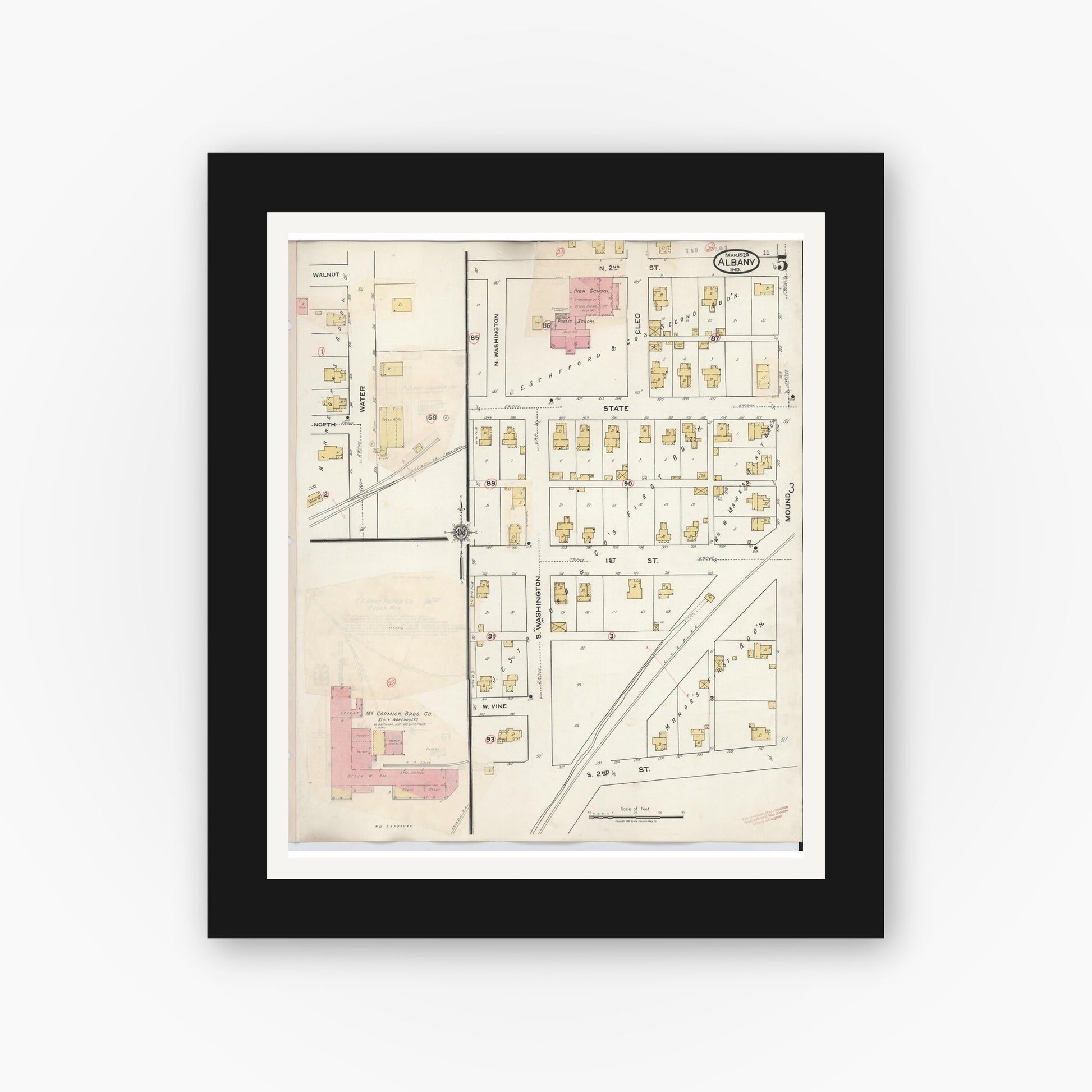 Old map wall art mockup — black gallery frame with white mat — Sanborn Fire Insurance Map from Albany, Delaware County, Indiana (1943), Sheet #0005
