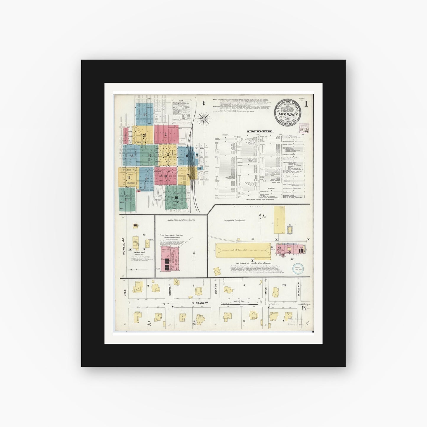 Old map wall art mockup — black gallery frame with white mat — Sanborn Fire Insurance Map from McKinney, Collin County, Texas (1908), Sheet #0001