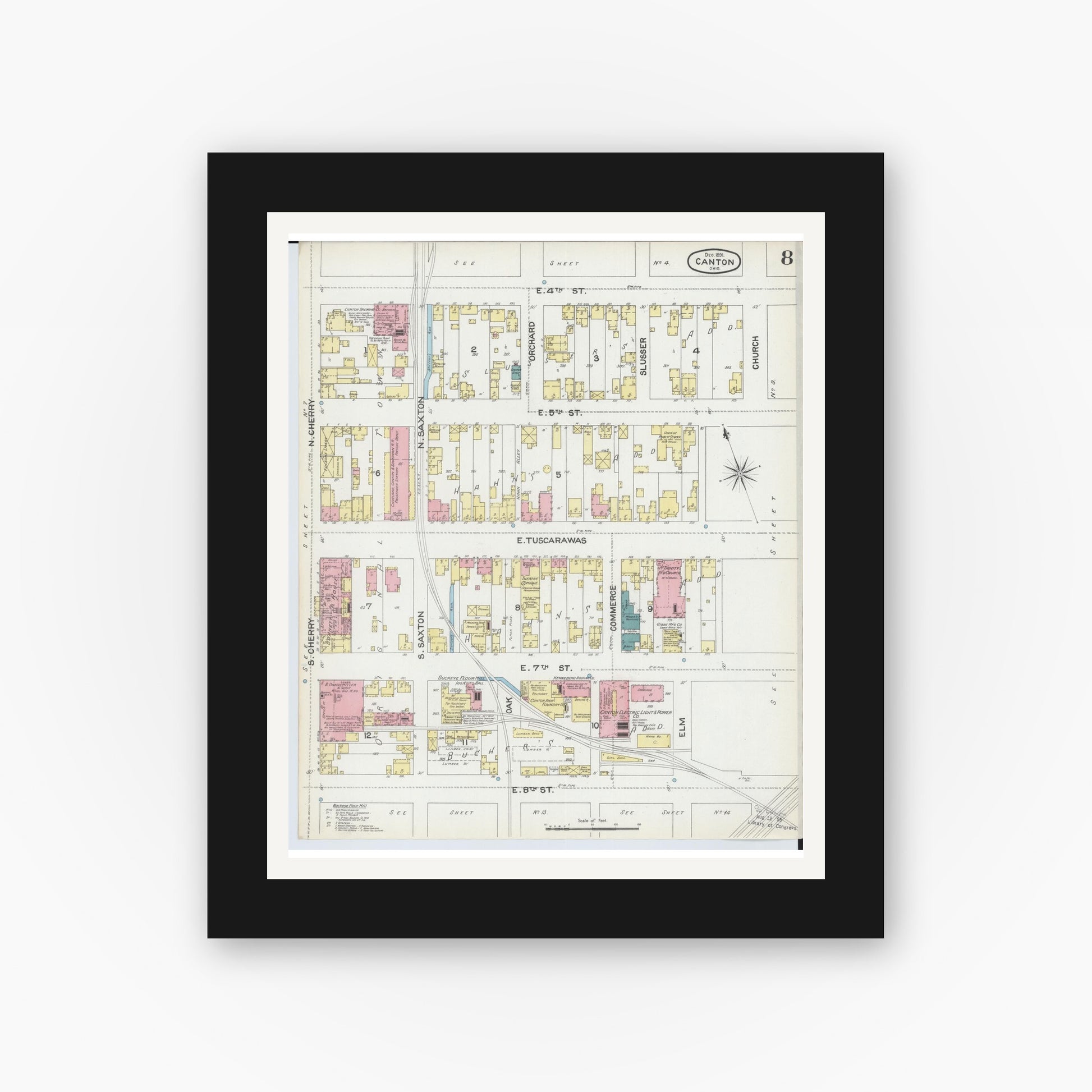 Old map wall art mockup — black gallery frame with white mat — Sanborn Fire Insurance Map from Canton, Stark County, Ohio (1891), Sheet #0008
