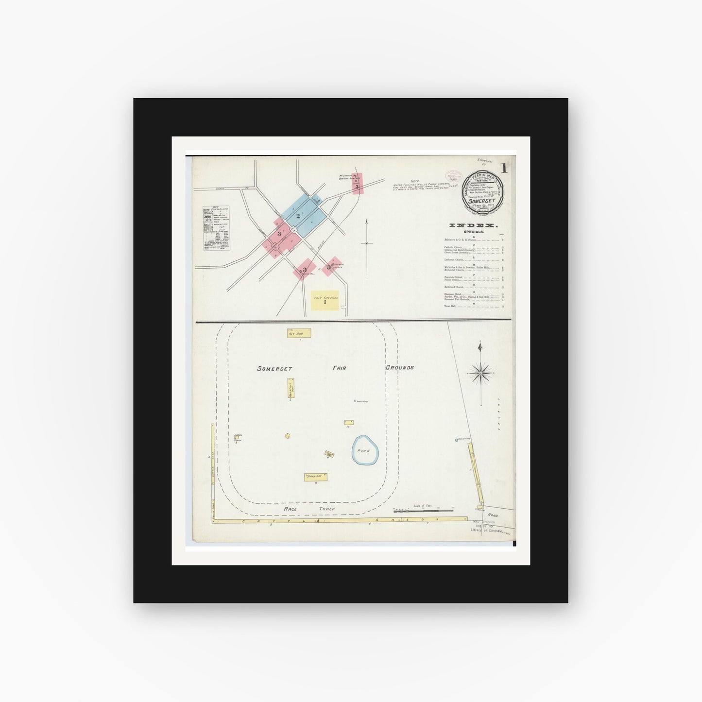 Old map wall art mockup — black gallery frame with white mat — Sanborn Fire Insurance Map from Somerset, Perry County, Ohio (1895) - Complete Map Set