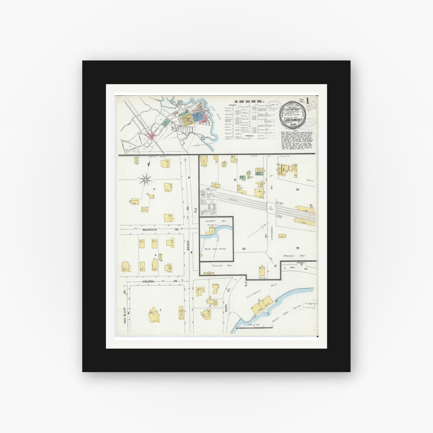 Old map wall art mockup — black gallery frame with white mat — Sanborn Fire Insurance Map from Larchmont, Westchester County, New York (1898), Sheet #0001