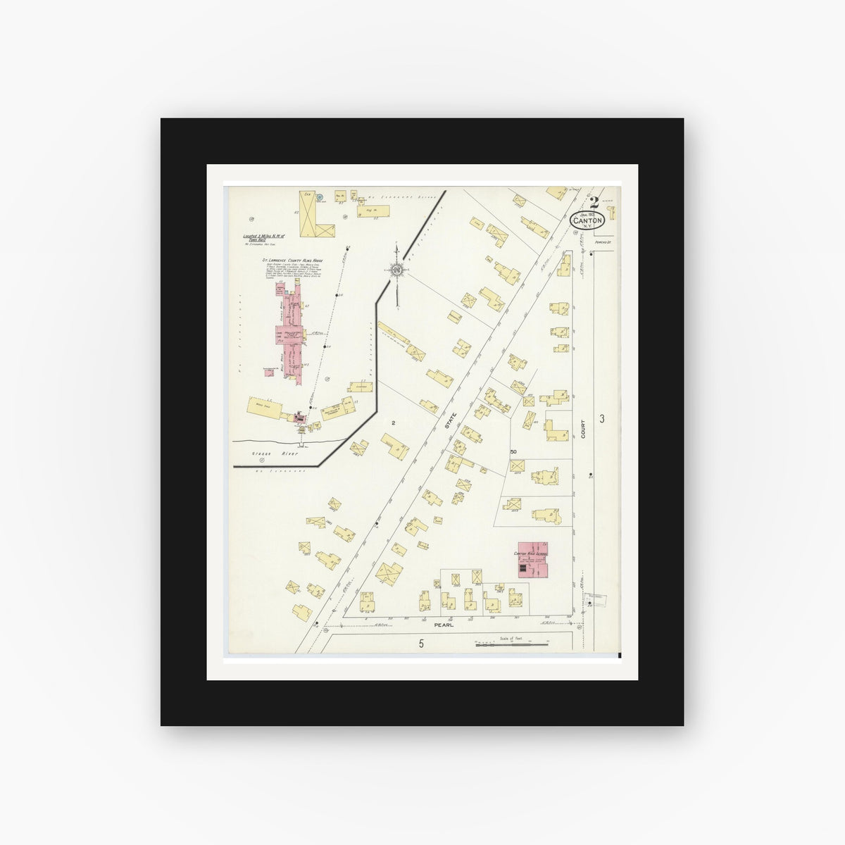 Old map wall art mockup — black gallery frame with white mat — Sanborn Fire Insurance Map from Canton, St. Lawrence County, New York (1913) - Complete Map Set