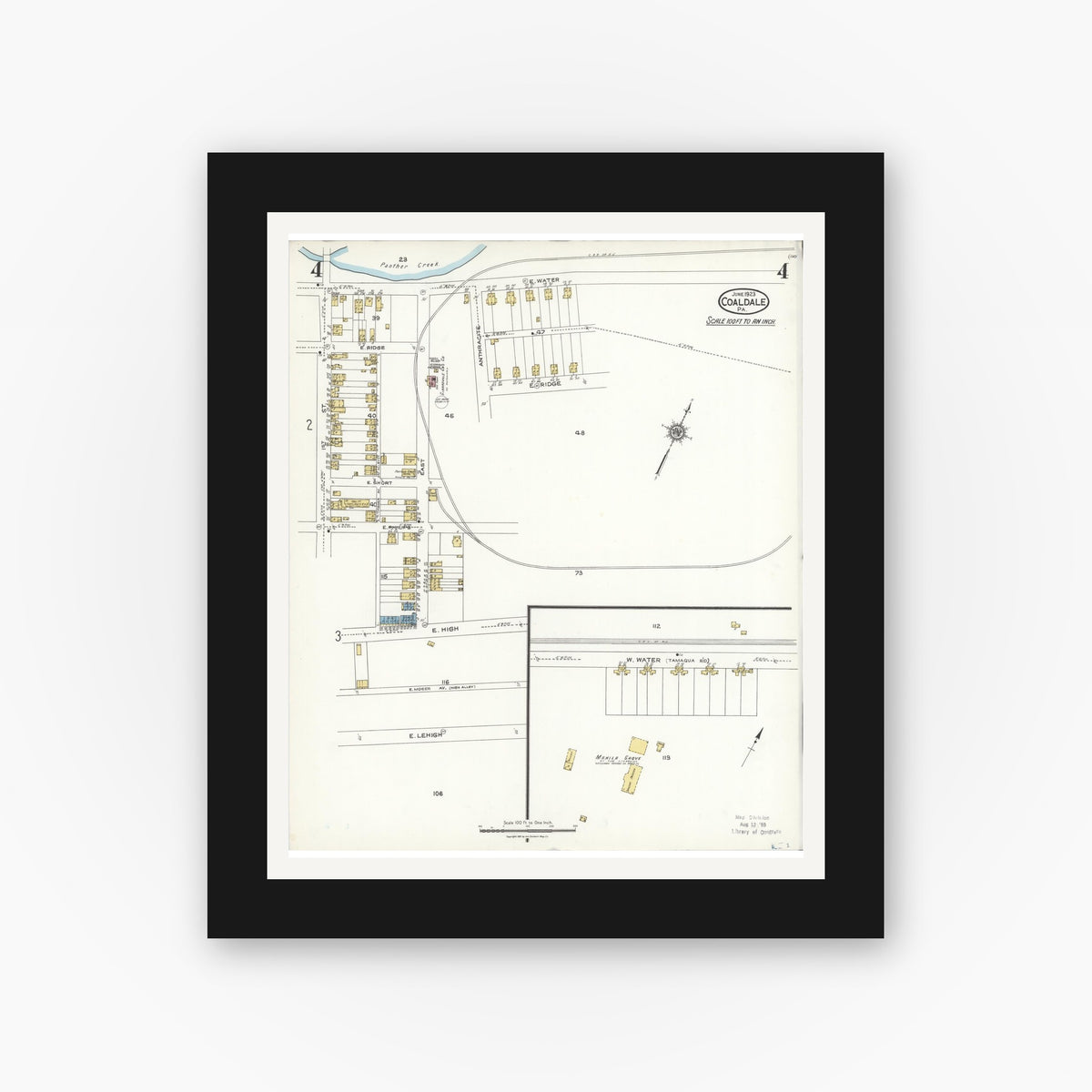Old map wall art mockup — black gallery frame with white mat — Sanborn Fire Insurance Map from Coaldale, Schuylkill County, Pennsylvania (1923), Sheet #0004