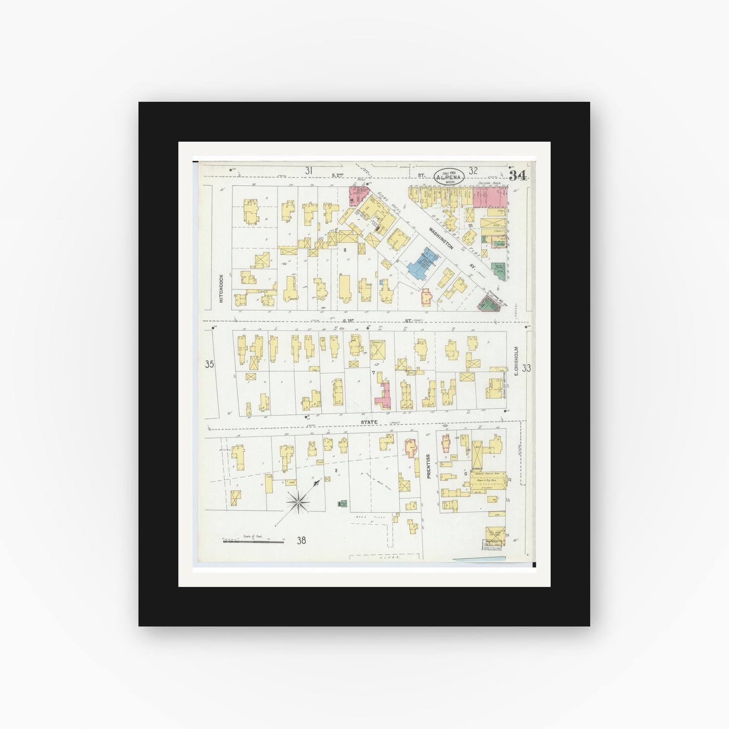 Old map wall art mockup — black gallery frame with white mat — Sanborn Fire Insurance Map from Alpena, Alpena County, Michigan (1901), Sheet #0034