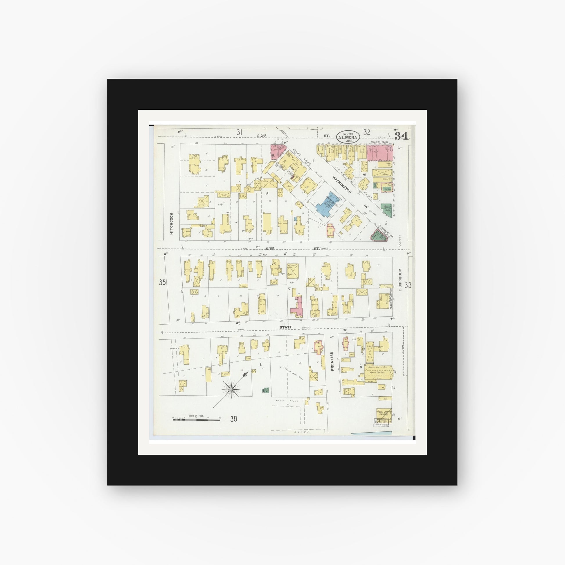 Old map wall art mockup — black gallery frame with white mat — Sanborn Fire Insurance Map from Alpena, Alpena County, Michigan (1901), Sheet #0034