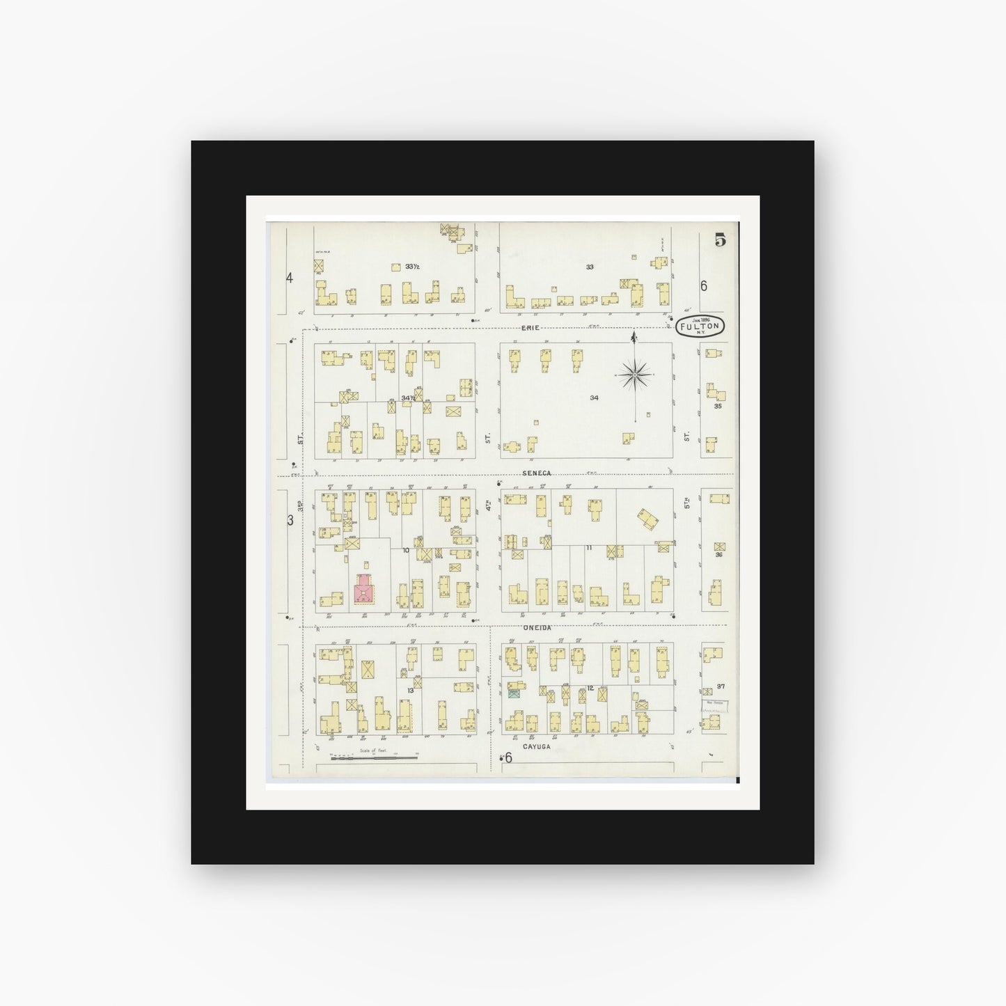 Old map wall art mockup — black gallery frame with white mat — Sanborn Fire Insurance Map from Fulton, Oswego County, New York (1896), Sheet #0005