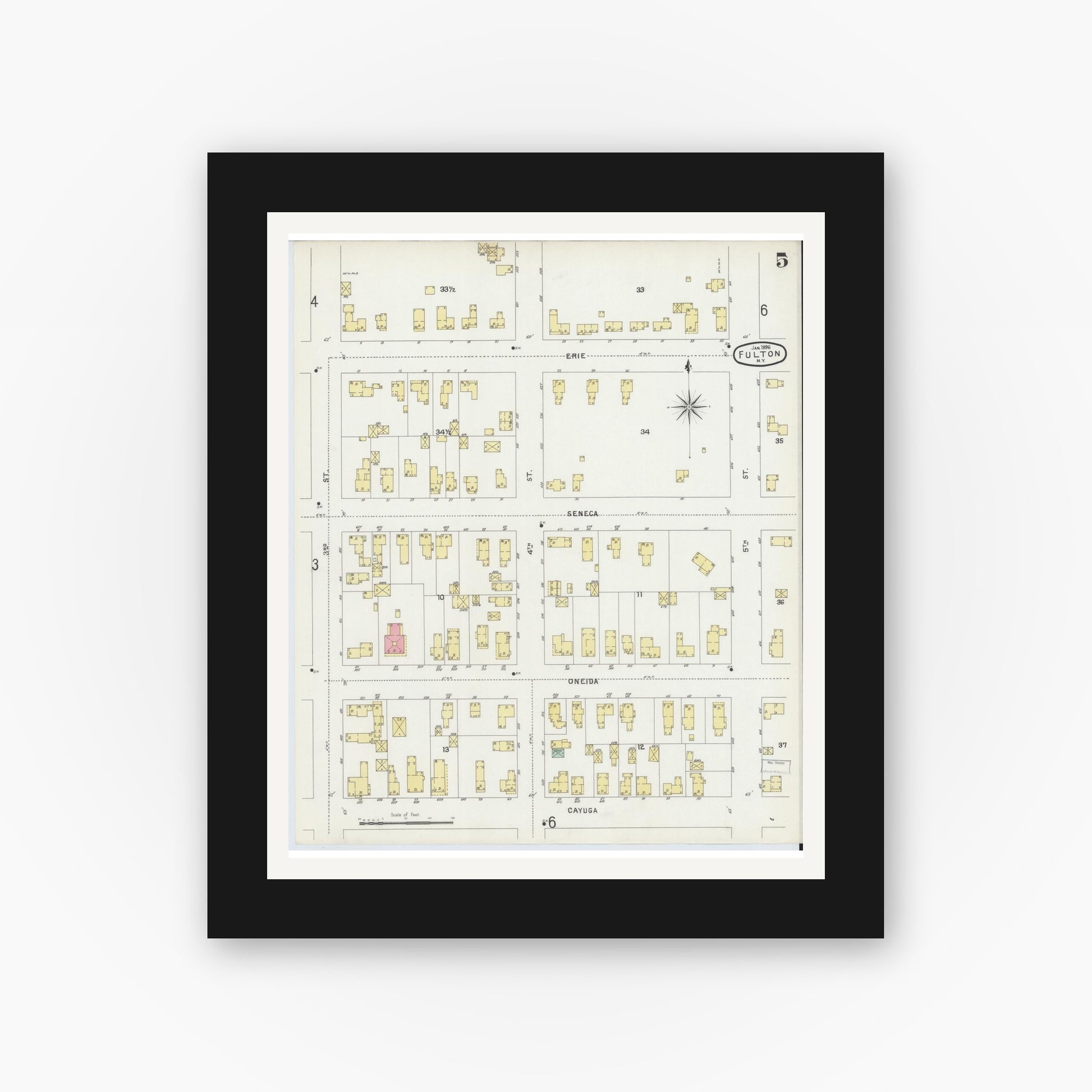 Old map wall art mockup — black gallery frame with white mat — Sanborn Fire Insurance Map from Fulton, Oswego County, New York (1896), Sheet #0005