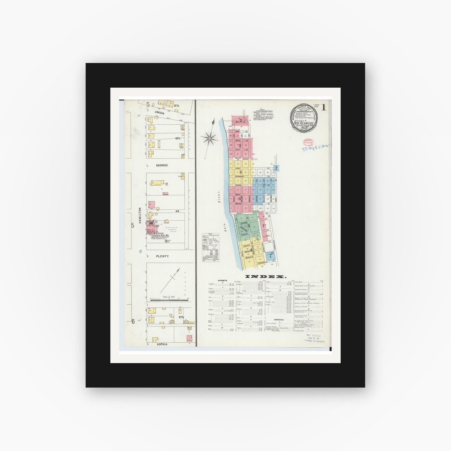 Old map wall art mockup — black gallery frame with white mat — Sanborn Fire Insurance Map from New Richmond, Clermont County, Ohio (1897), Sheet #0001