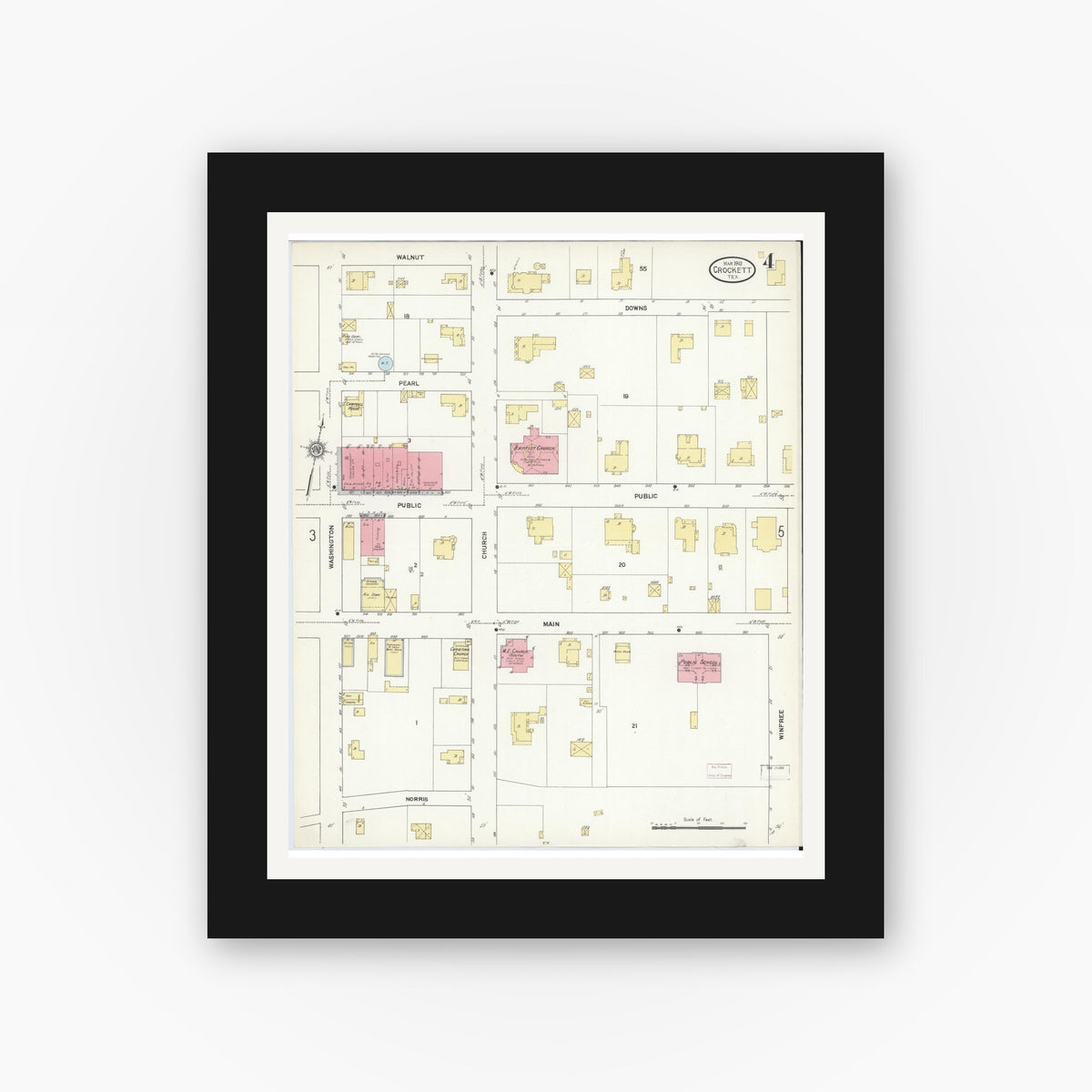 Old map wall art mockup — black gallery frame with white mat — Sanborn Fire Insurance Map from Crockett, Houston County, Texas (1912), Sheet #0004