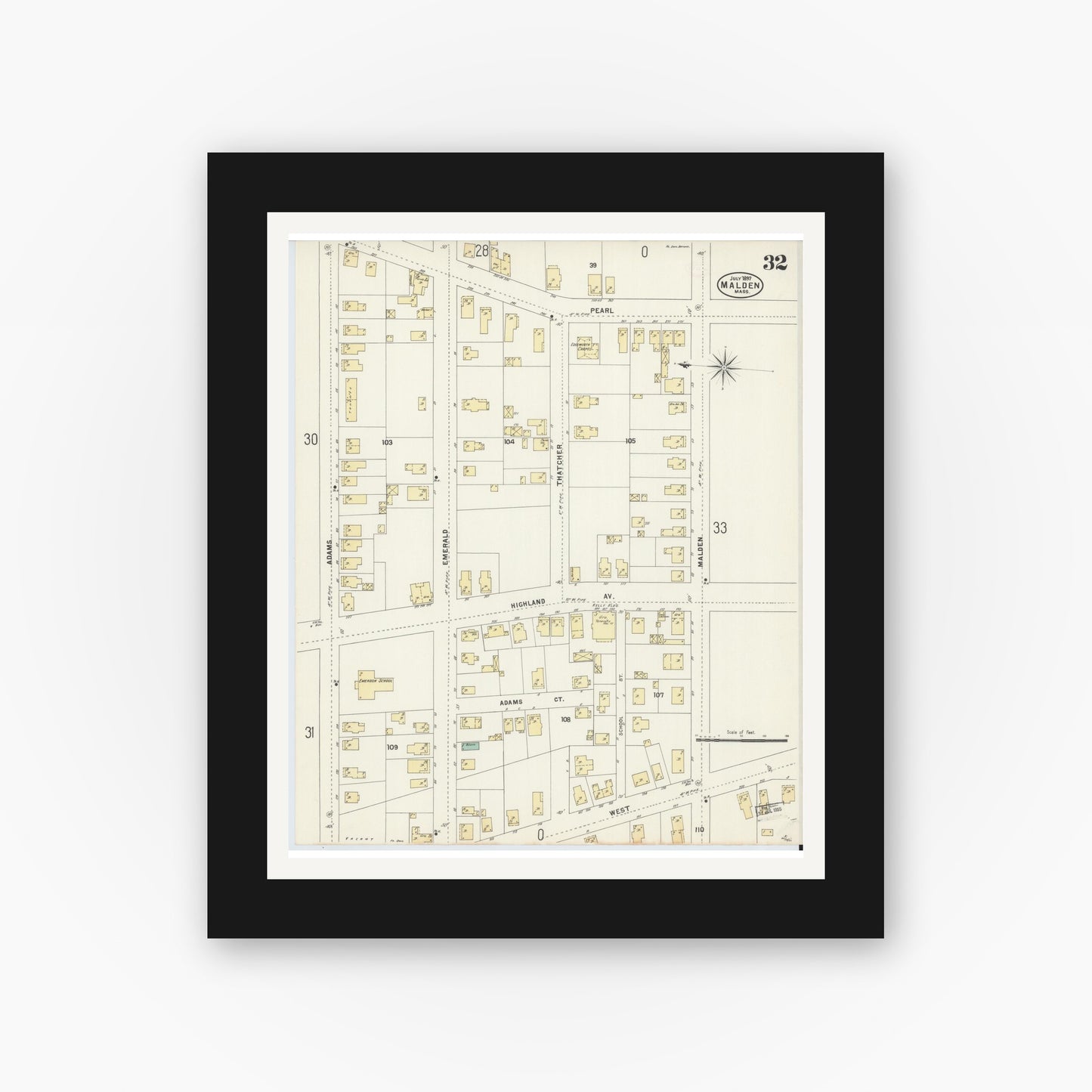 Old map wall art mockup — black gallery frame with white mat — Sanborn Fire Insurance Map from Malden, Middlesex County, Massachusetts (1897), Sheet #0032