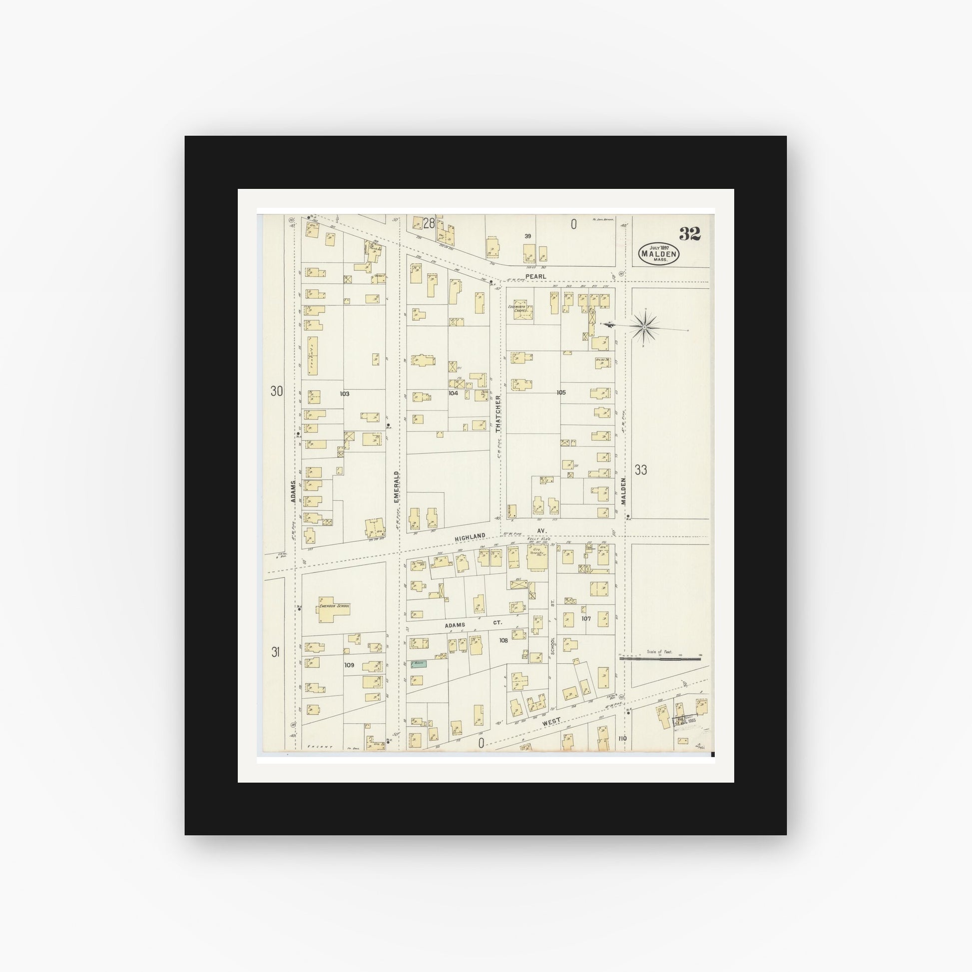 Old map wall art mockup — black gallery frame with white mat — Sanborn Fire Insurance Map from Malden, Middlesex County, Massachusetts (1897), Sheet #0032