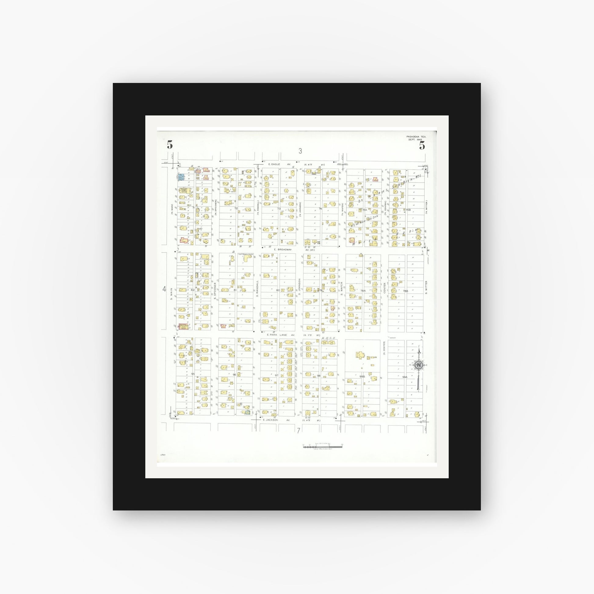 Old map wall art mockup — black gallery frame with white mat — Sanborn Fire Insurance Map from Pasadena, Harris County, Texas (1943), Sheet #0005
