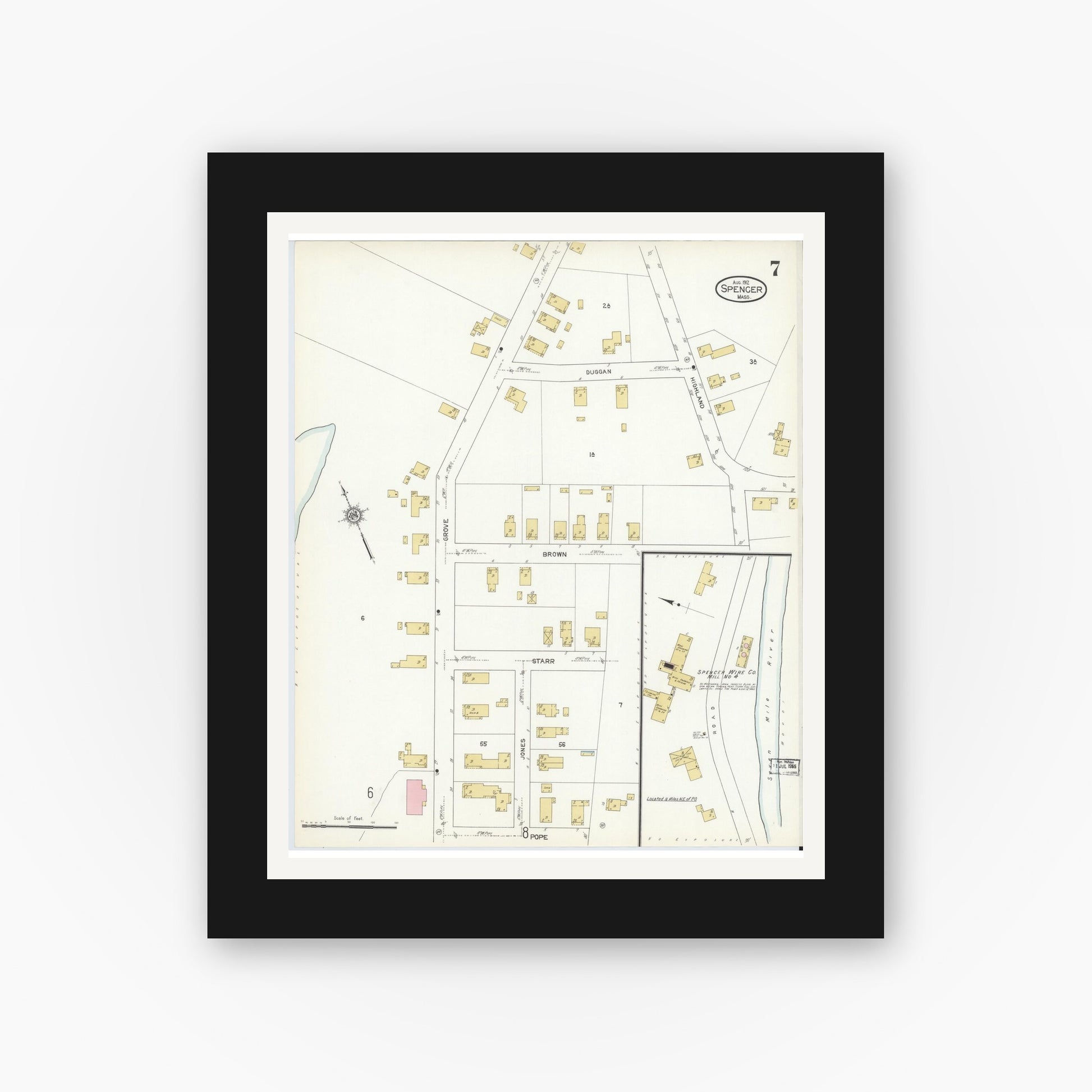 Old map wall art mockup — black gallery frame with white mat — Sanborn Fire Insurance Map from Spencer, Worcester County, Massachusetts (1912), Sheet #0007