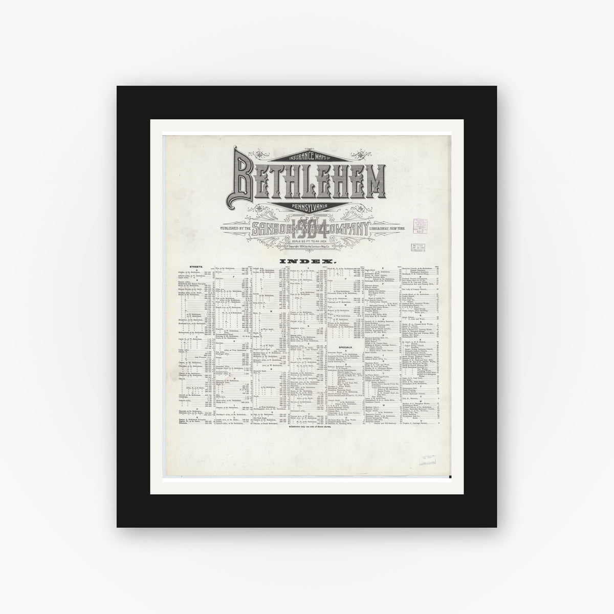 Old map wall art mockup — black gallery frame with white mat — Sanborn Fire Insurance Map from Bethlehem, Northampton And Lehigh Counties, Pennsylvania (1904), Sheet #0001