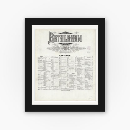 Old map wall art mockup — black gallery frame with white mat — Sanborn Fire Insurance Map from Bethlehem, Northampton And Lehigh Counties, Pennsylvania (1904), Sheet #0001