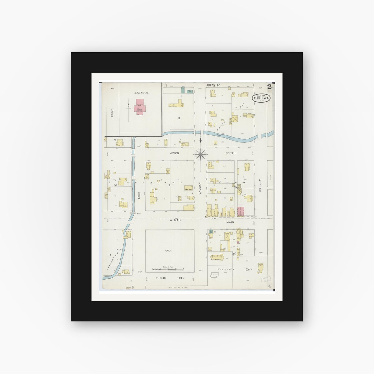 Old map wall art mockup — black gallery frame with white mat — Sanborn Fire Insurance Map from Tiskilwa, Bureau County, Illinois (1894), Sheet #0002