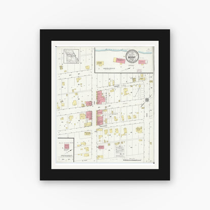 Old map wall art mockup — black gallery frame with white mat — Sanborn Fire Insurance Map from Miami, Saline County, Missouri (1914), Sheet #0001