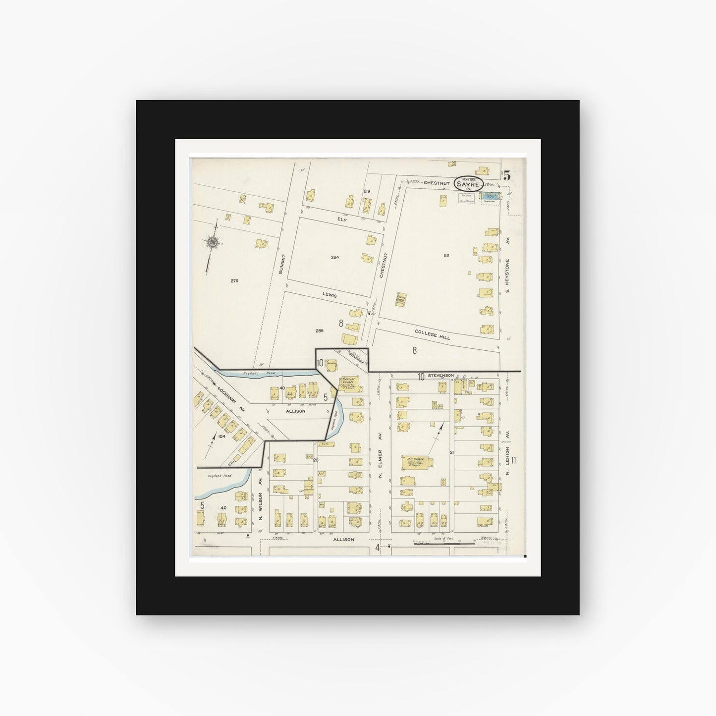 Old map wall art mockup — black gallery frame with white mat — Sanborn Fire Insurance Map from Sayre, Bradford County, Pennsylvania (1915), Sheet #0005