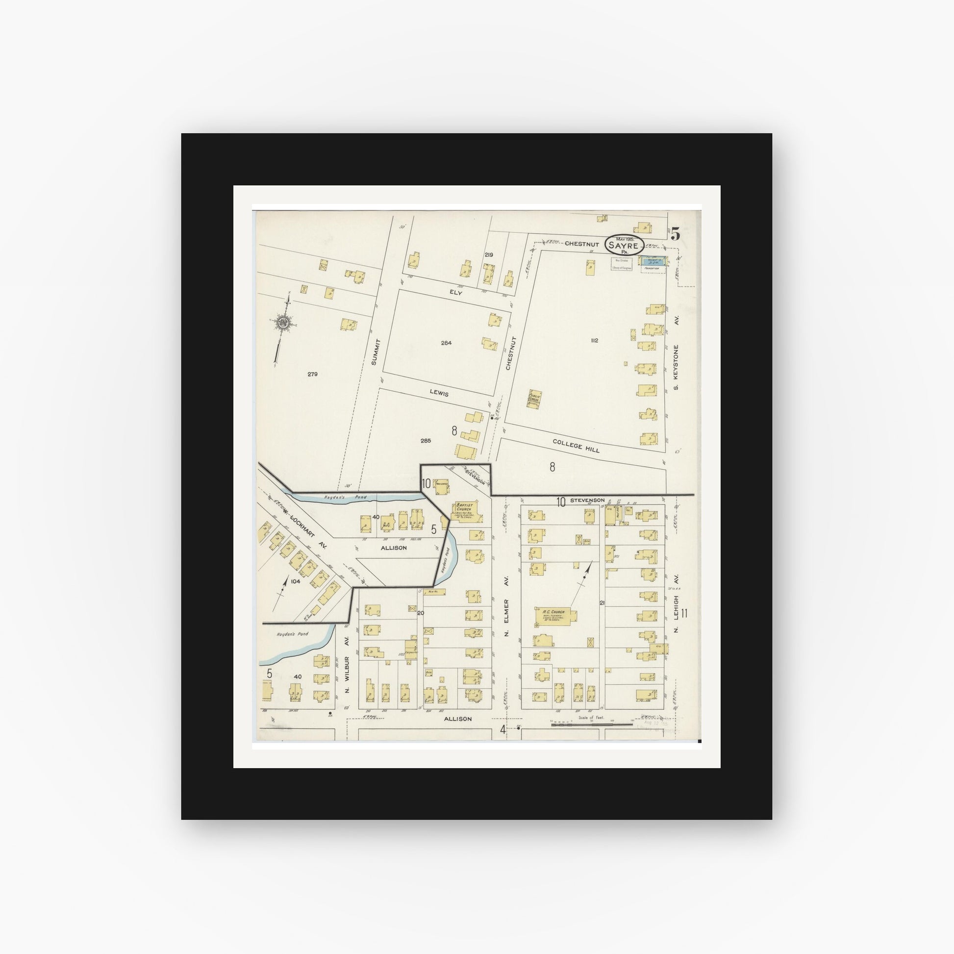 Old map wall art mockup — black gallery frame with white mat — Sanborn Fire Insurance Map from Sayre, Bradford County, Pennsylvania (1915), Sheet #0005