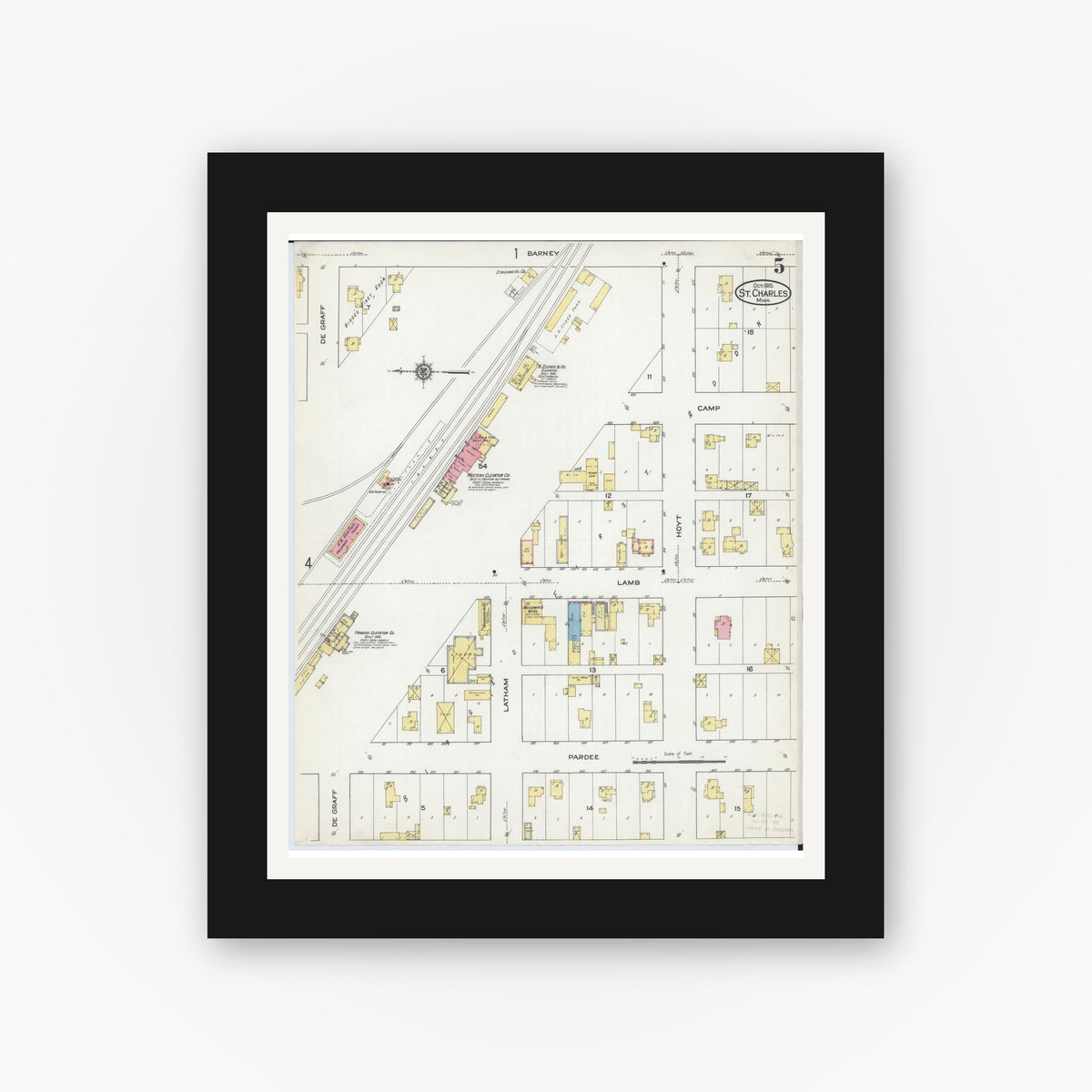 Old map wall art mockup — black gallery frame with white mat — Sanborn Fire Insurance Map from Saint Charles, Winona County, Minnesota (1915), Sheet #0005