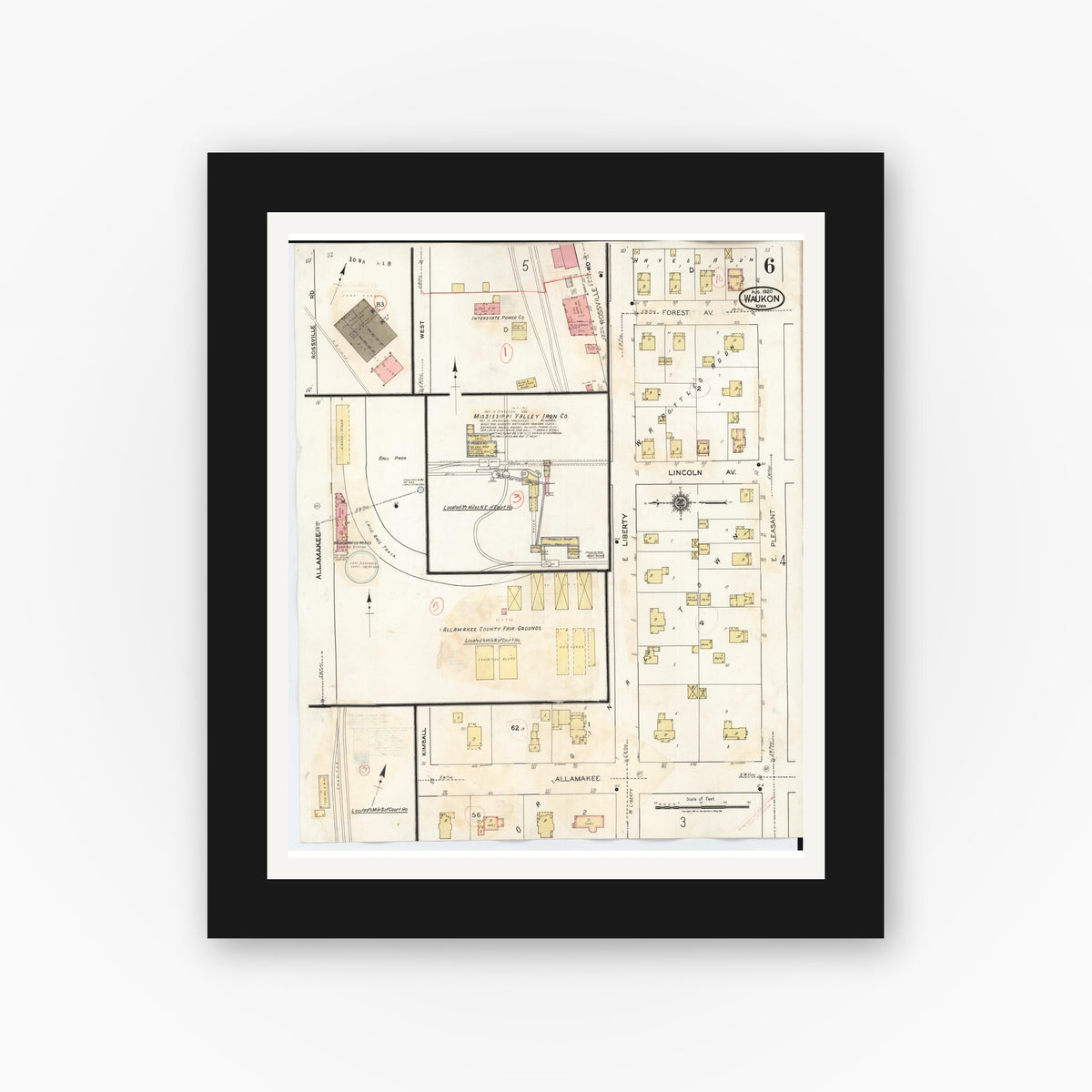Old map wall art mockup — black gallery frame with white mat — Sanborn Fire Insurance Map from Waukon, Allamakee County, Iowa (1934), Sheet #0006