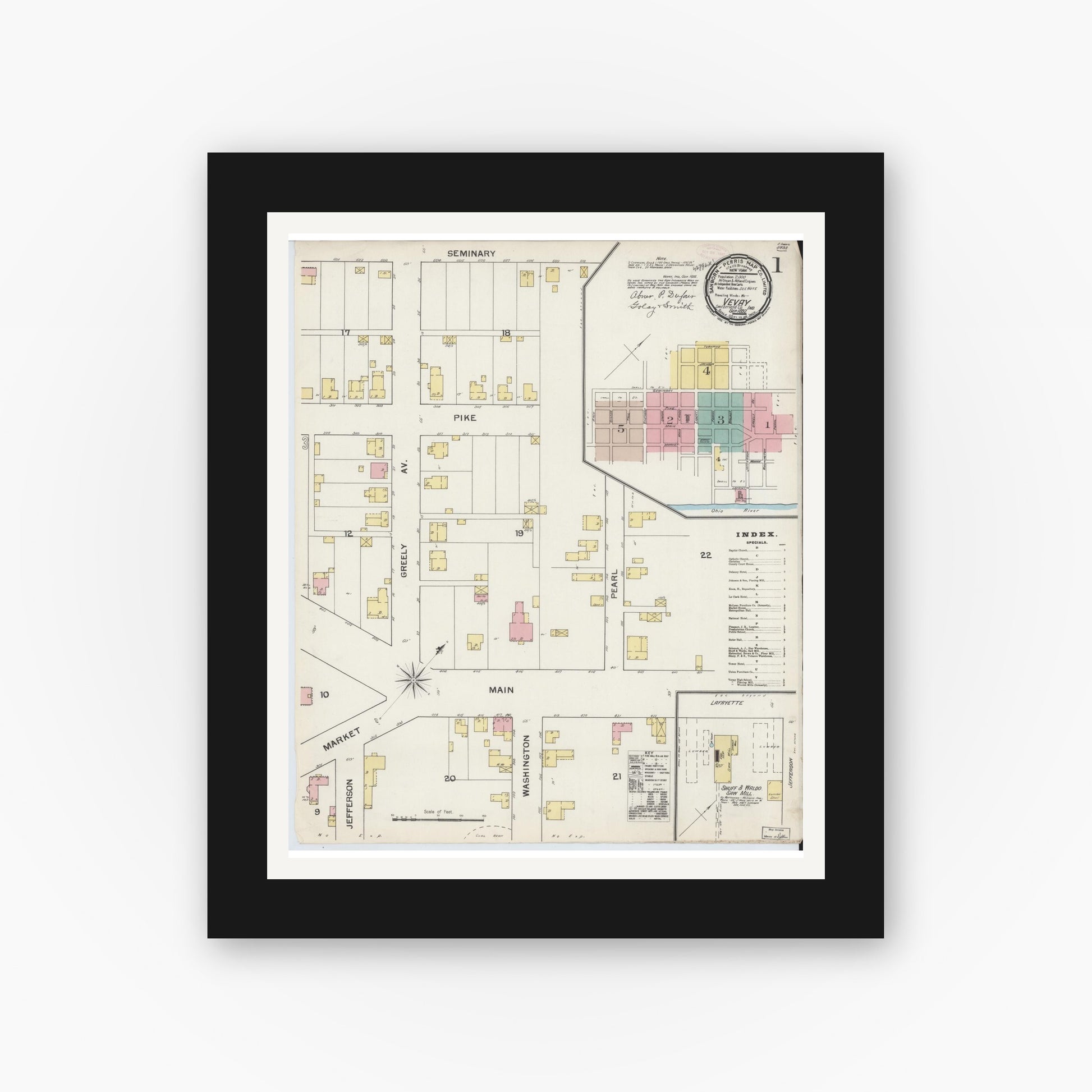 Old map wall art mockup — black gallery frame with white mat — Sanborn Fire Insurance Map from Vevay, Switzerland County, Indiana (1892) - Complete Map Set