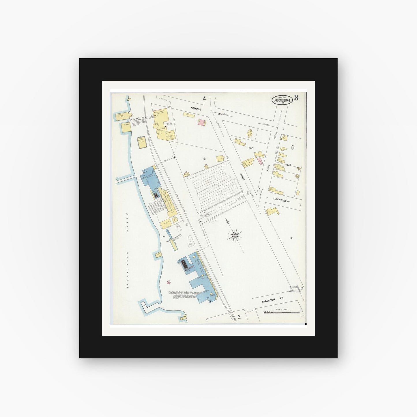 Old map wall art mockup — black gallery frame with white mat — Sanborn Fire Insurance Map from Ogdensburg, St. Lawrence County, New York (1909), Sheet #0003