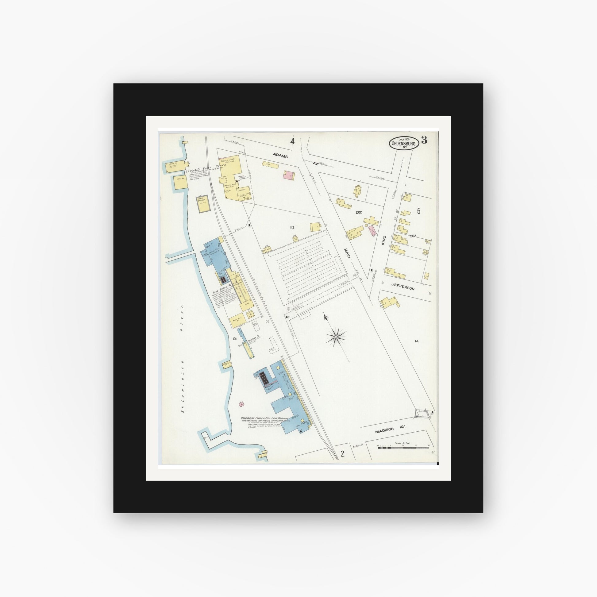Old map wall art mockup — black gallery frame with white mat — Sanborn Fire Insurance Map from Ogdensburg, St. Lawrence County, New York (1909), Sheet #0003
