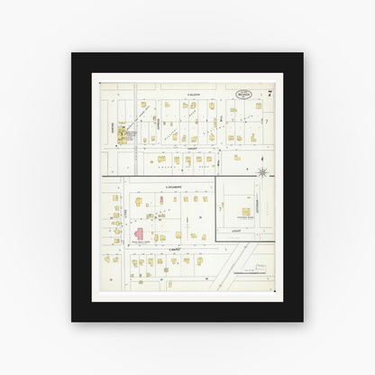 Old map wall art mockup — black gallery frame with white mat — Sanborn Fire Insurance Map from Nevada, Vernon County, Missouri (1900), Sheet #0007