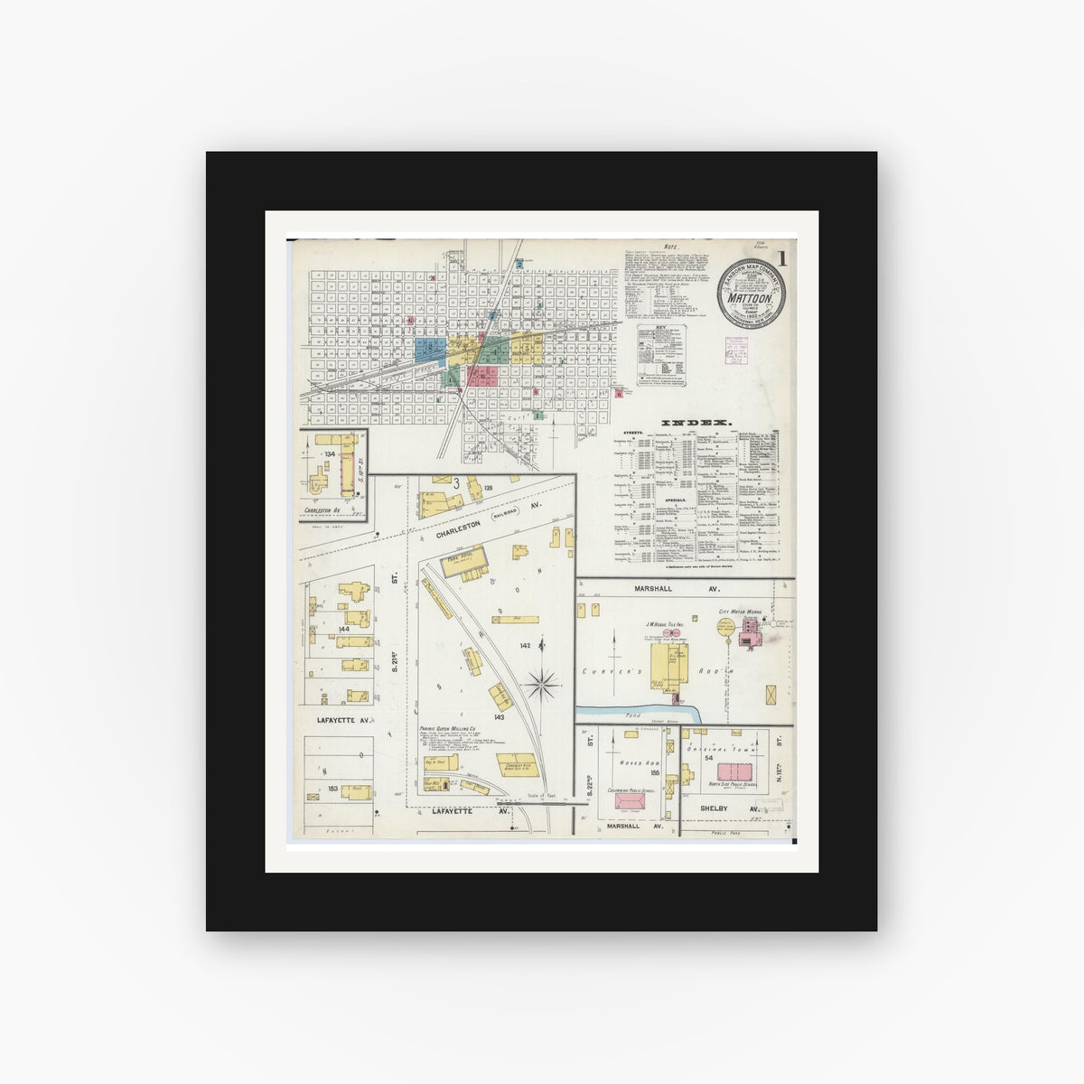 Old map wall art mockup — black gallery frame with white mat — Sanborn Fire Insurance Map from Mattoon, Coles County, Illinois (1902) - Complete Map Set