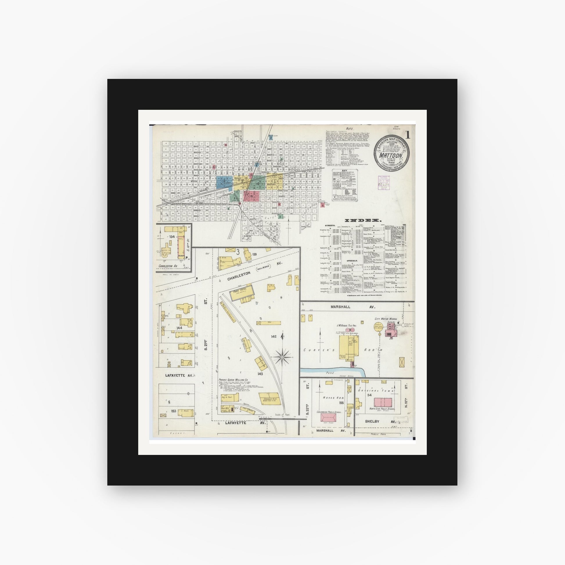 Old map wall art mockup — black gallery frame with white mat — Sanborn Fire Insurance Map from Mattoon, Coles County, Illinois (1902) - Complete Map Set