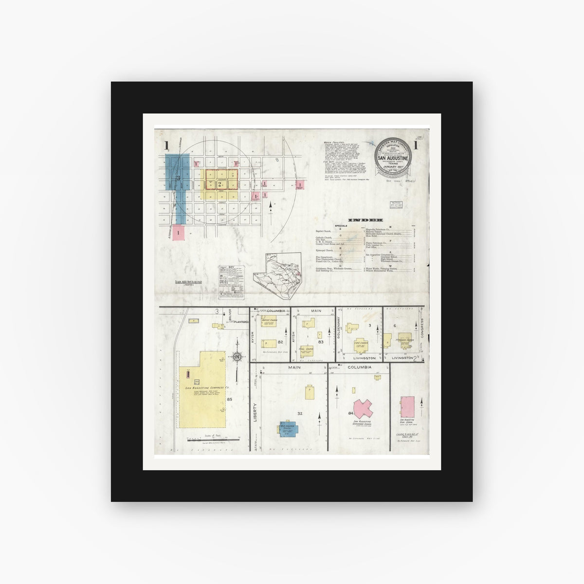 Old map wall art mockup — black gallery frame with white mat — Sanborn Fire Insurance Map from San Augustine, San Augustine County, Texas (1927) - Complete Map Set