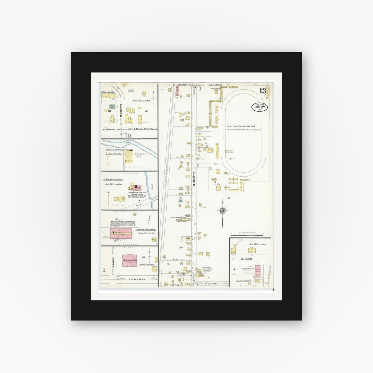 Old map wall art mockup — black gallery frame with white mat — Sanborn Fire Insurance Map from Corry, Erie County, Pennsylvania (1909), Sheet #0013