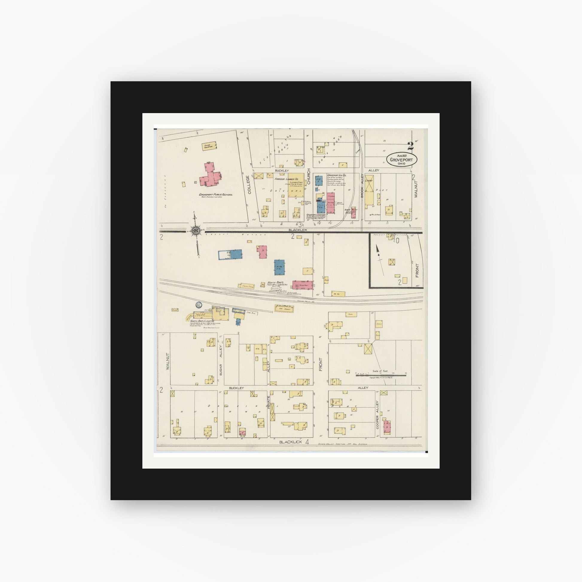 Old map wall art mockup — black gallery frame with white mat — Sanborn Fire Insurance Map from Groveport, Franklin County, Ohio (1922), Sheet #0002