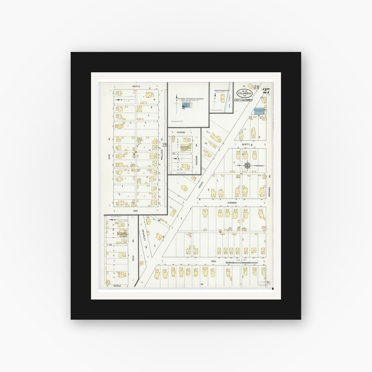 Old map wall art mockup — black gallery frame with white mat — Sanborn Fire Insurance Map from Columbus, Bartholomew County, Indiana (1912), Sheet #0027