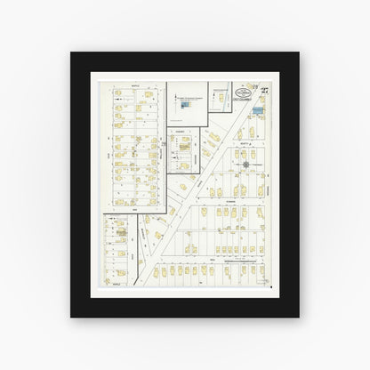 Old map wall art mockup — black gallery frame with white mat — Sanborn Fire Insurance Map from Columbus, Bartholomew County, Indiana (1912), Sheet #0027
