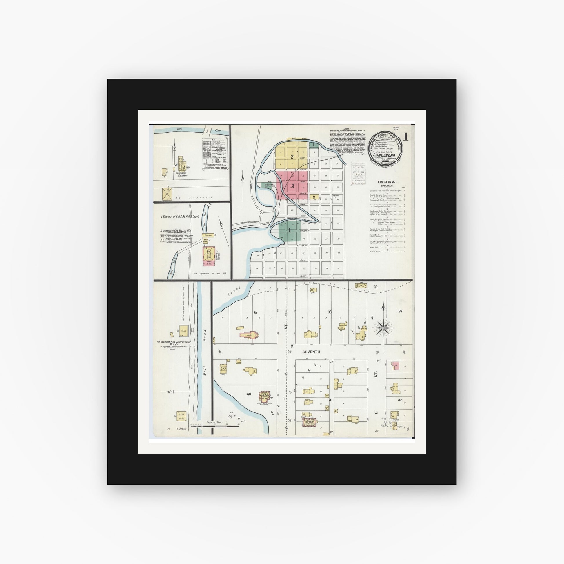 Old map wall art mockup — black gallery frame with white mat — Sanborn Fire Insurance Map from Lanesboro, Fillmore County, Minnesota (1900), Sheet #0001