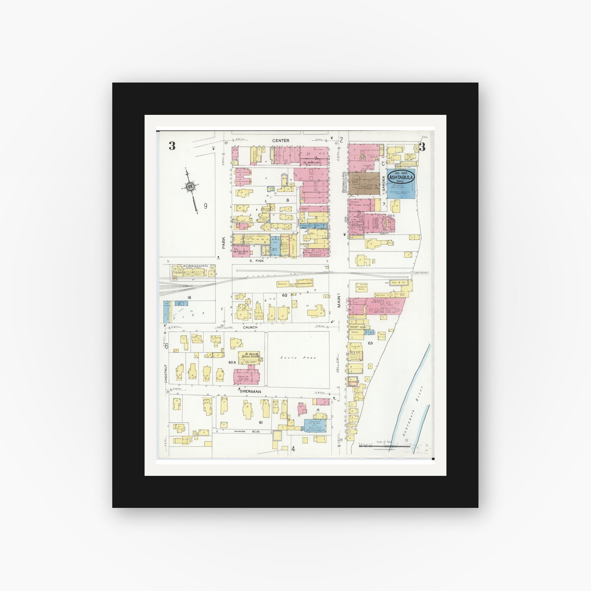 Old map wall art mockup — black gallery frame with white mat — Sanborn Fire Insurance Map from Ashtabula, Ashtabula County, Ohio (1924), Sheet #0003