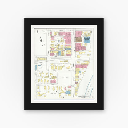 Old map wall art mockup — black gallery frame with white mat — Sanborn Fire Insurance Map from Ashtabula, Ashtabula County, Ohio (1924), Sheet #0003