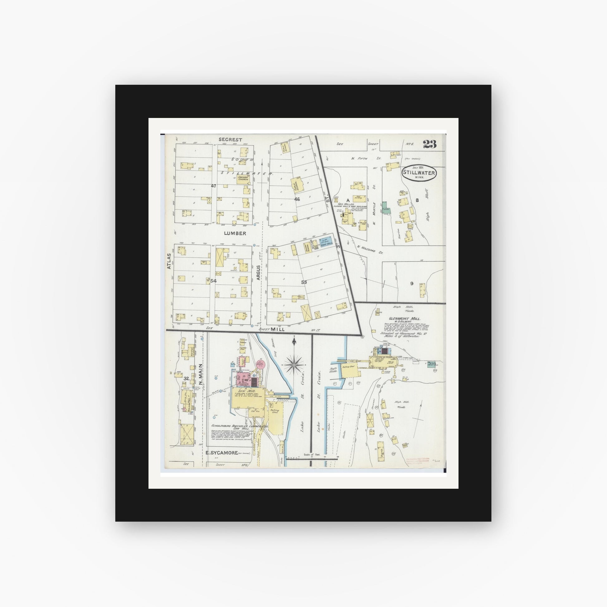 Old map wall art mockup — black gallery frame with white mat — Sanborn Fire Insurance Map from Stillwater, Washington County, Minnesota (1891), Sheet #0023