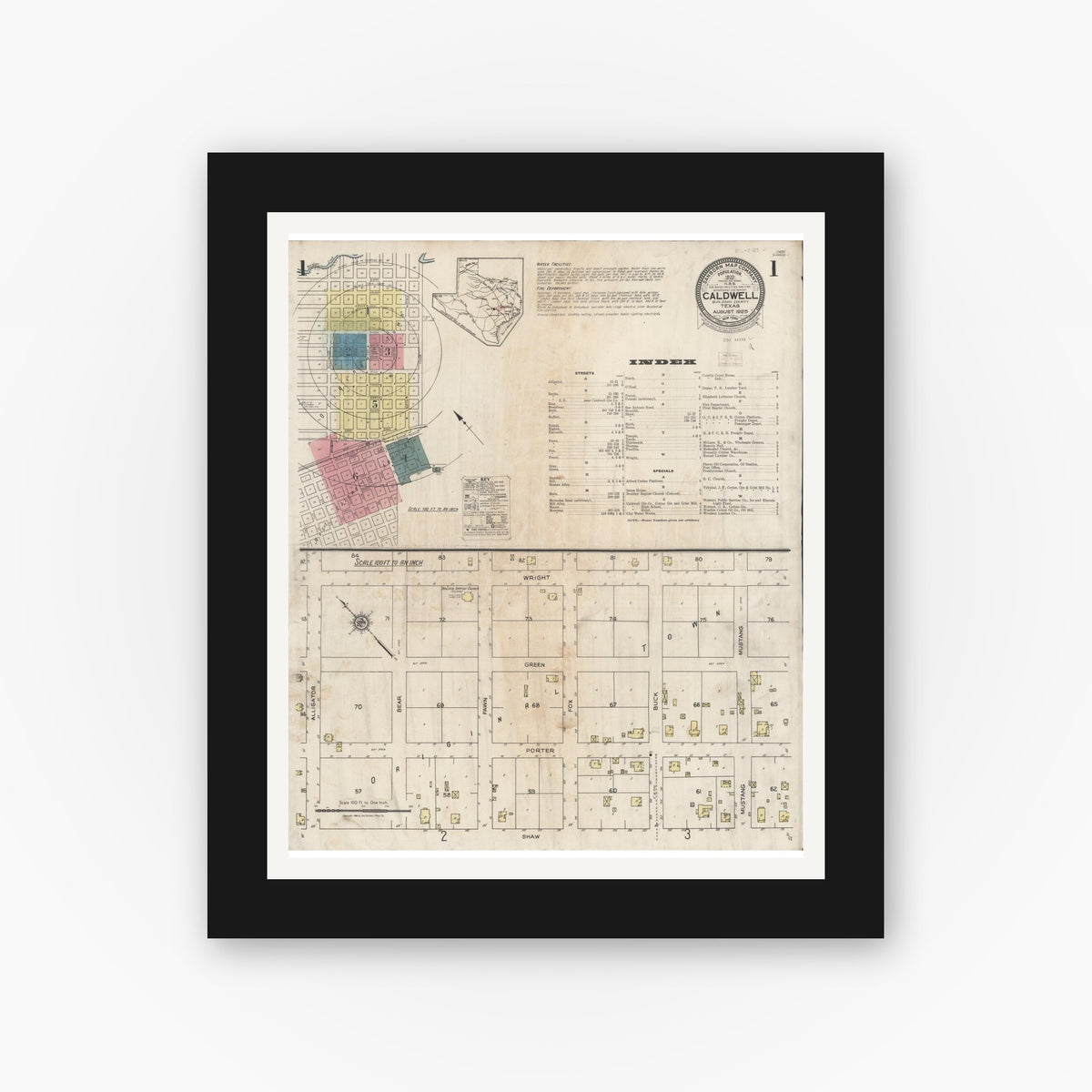 Old map wall art mockup — black gallery frame with white mat — Sanborn Fire Insurance Map from Caldwell, Burleson County, Texas (1925) - Complete Map Set